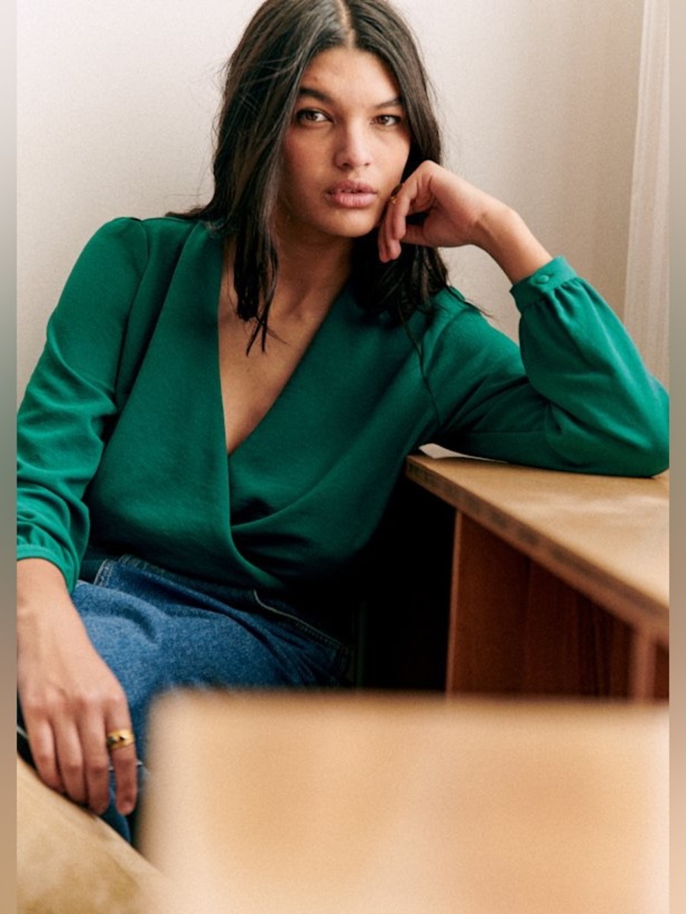 Sezane Abelia Long Sleeve Faux Wrap Blouse